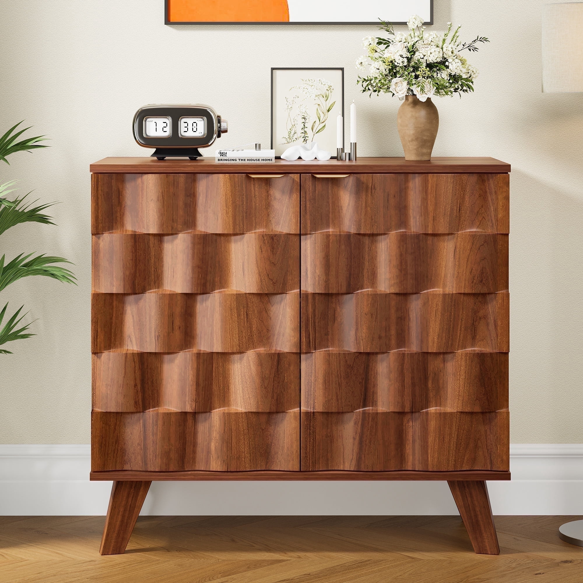 Wirrytor Fluted Storage Cabinet, Sideboard Buffet Cabinet Wood Accent Storage Cabinet,(Walnut) - Walmart.com