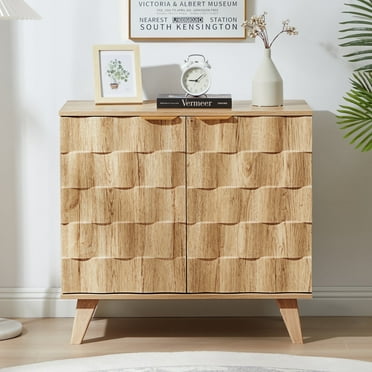 Wirrytor Fluted Storage Cabinet, Sideboard Buffet Cabinet with Adjustable Shelf and Metal Handles, Wood Accent Storage Cabinet, Credenza for Living Room, Bedroom, Dining Room, Entryway ( Natural)