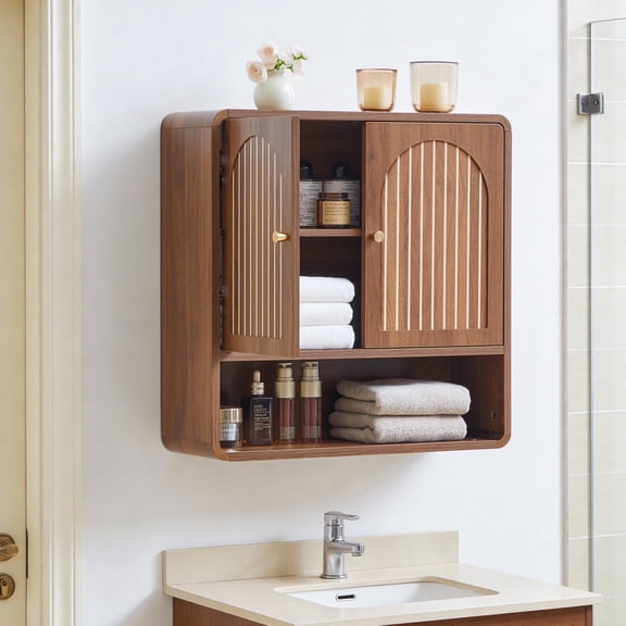 Wirrytor Fluted Wooden Medicine Cabinet Storage, Brown Bathroom Wall Cabinet with 2 Doors Adjustable Shelf and Towels Bar