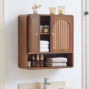 Wirrytor Fluted Wooden Medicine Cabinet Storage, Brown Bathroom Wall Cabinet with 2 Doors Adjustable Shelf and Towels Bar