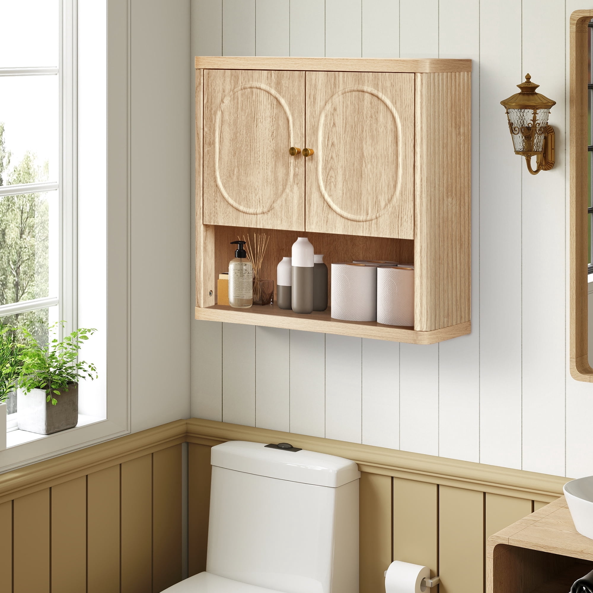 Wirrytor Fluted Wall Mount Cabinet with Adjustable Shelves and Towel Rack, Space-Saving Bathroom Vanity Organizer and Kitchen Cupboard Storage Solution in Oak Finish