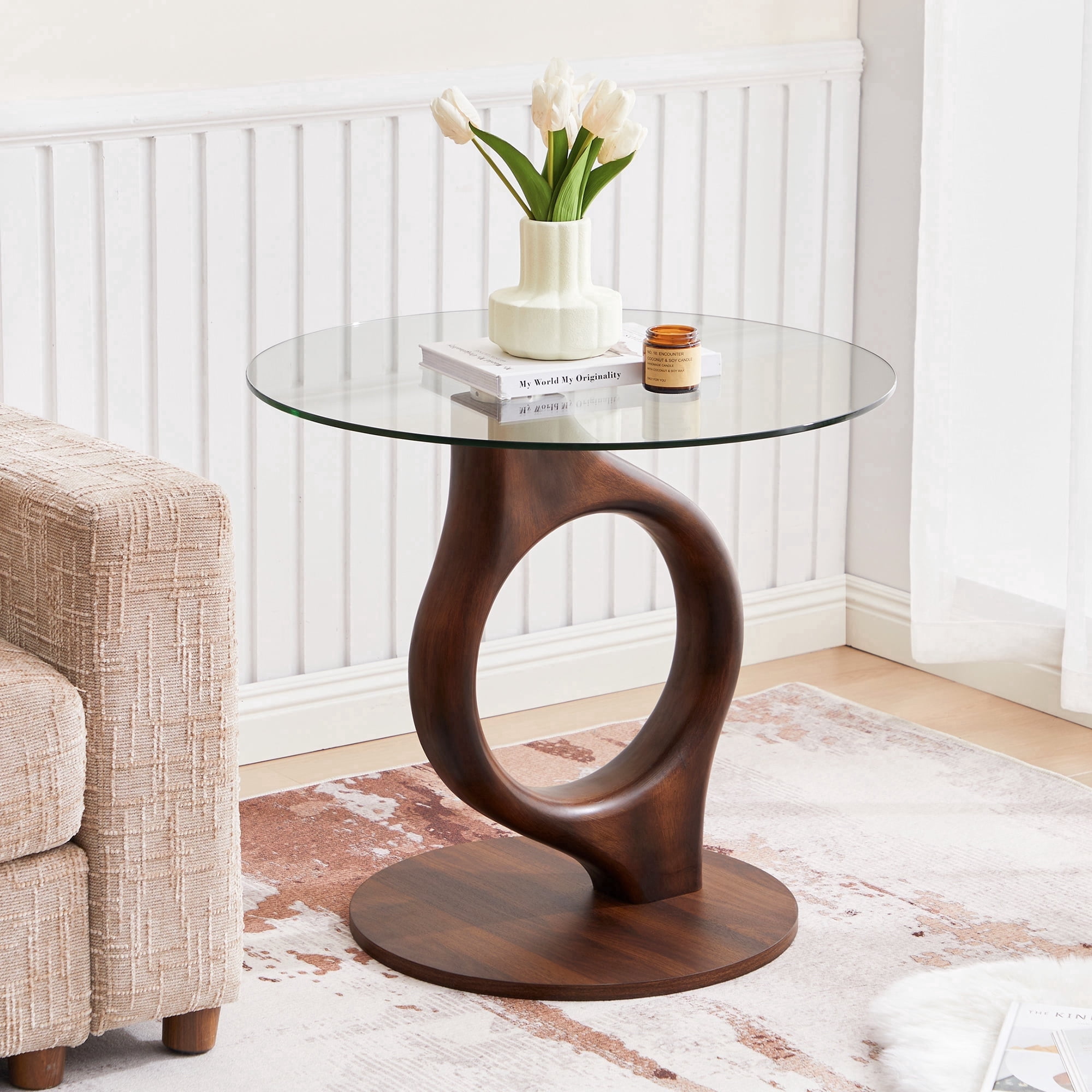 Wirrytor 27.55" Round Glass Coffee Table, Mid-Century Modern Side Table with Wood Base and Tempered Glass Top, Brown