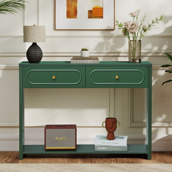 Wirrytor Green Console Table with 2 Drawers for Entryway, Modern Sofa Table for Living Room, Narrow Sofa Table with Open Storage Shelf, Hallway Table and Couch Table Behind Sofa