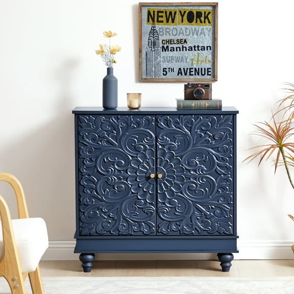 Wirrytor Grey Blue Sideboard Cabinet with 2 Doors for Hallway Entrance, Carved Wood Accent Cabinet ,Vintage Textured Decorative Credenza, Modern Cabinet for Living Room