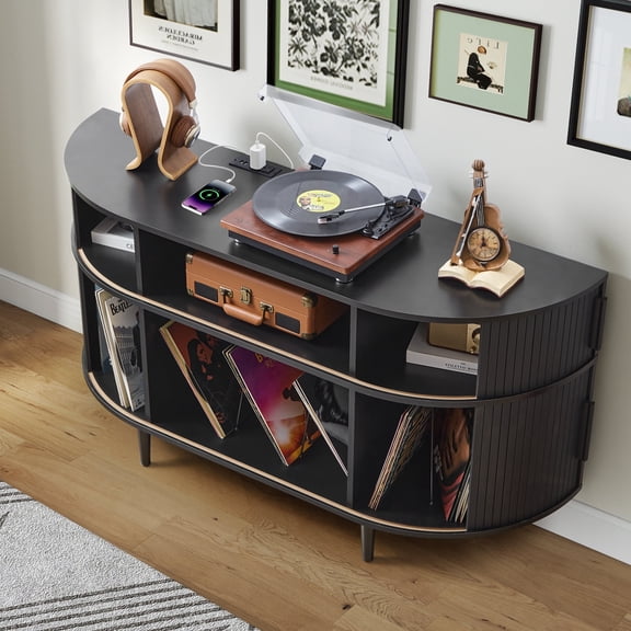 Wirrytor Large Record Player Stand with Charging Station & USB Ports, Vinyl Record Player Shelf, Curved Turntable Table Open Shelf, Sideboard Buffet Cabinet (Black)
