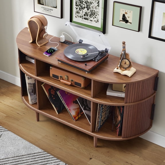 Wirrytor Large Round Record Player Stand with Charging Station & USB Ports，Record Storage Cabinet, Mid Century Modern Turntable Stand for Bedroom Living Room (Walnut)