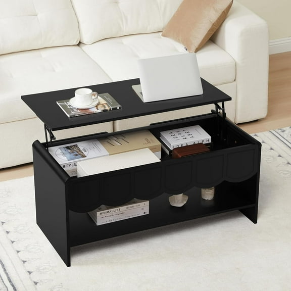 Wirrytor Lift Top Coffee Table with Storage for Living Room, Oval Coffee Table with Hidden Compartment and Open Shelf, Modern Center Table with Wave Edge Design