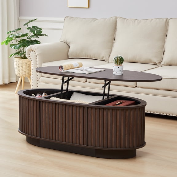 Wirrytor Lift Top Oval Coffee Table with Hidden Storage Compartment and Shelf for Living Room, Fluted Oval Center Tea Table with Wooden Lift-Top for Apartment, Small Space, Black