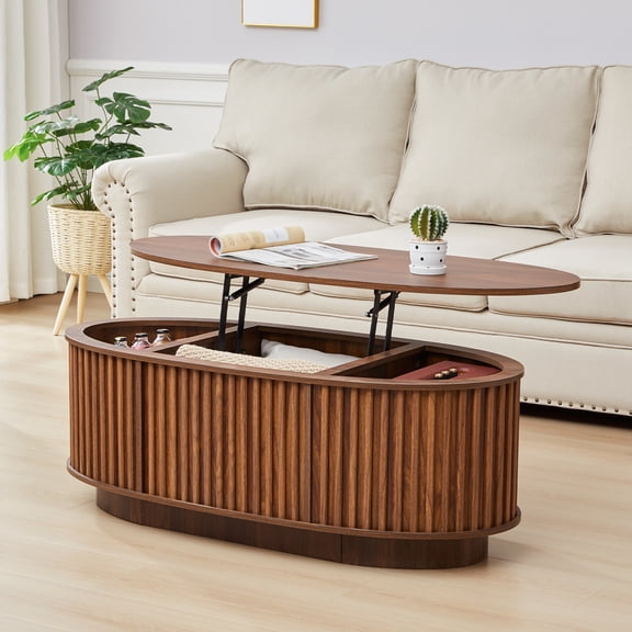 Wirrytor Lift Top Oval Coffee Table with Hidden Storage Compartment and Shelf for Living Room, Fluted Oval Center Tea Table with Wooden Lift-Top for Apartment, Small Space, Brown