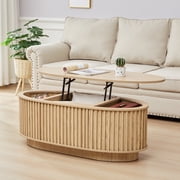 Wirrytor Lift Top Oval Coffee Table with Hidden Storage Compartment and Shelf for Living Room, Fluted Oval Center Tea Table with Wooden Lift-Top for Apartment, Small Space, Oak