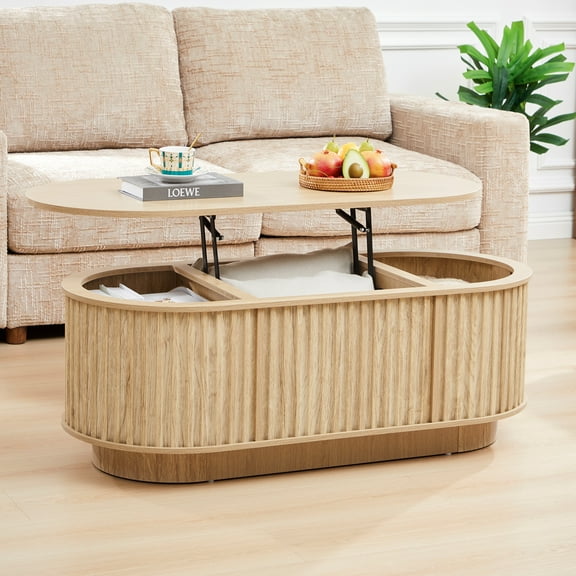 Wirrytor Lift Top Wood Oval Coffee Table with Hidden Storage Compartment and Shelf for Living Room, Fluted Oval Center Tea Table with Wooden Lift-Top for Apartment, Small Space, Oak