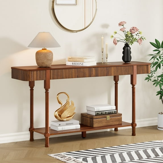 Wirrytor Long Console Table with Drawers for Living Room, Narrow Fluted Sofa Table with Open Storage Shelf, Couch Table Behind Sofa, Entryway table, Hallway Table ,Walnut