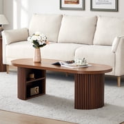 Wirrytor Mid-Century Oval Fluted Coffee Table with Hidden Storage, 47" Wood Center Table for Living Room, Walnut