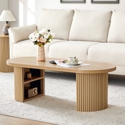 Wirrytor Mid-Century Oval Fluted Coffee Table with Hidden Storage, 47" Wood Center Table for Living Room, Natural