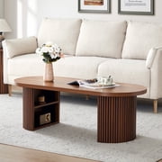 Wirrytor Mid-Century Oval Fluted Coffee Table with Hidden Storage, 47" Wood Center Table for Living Room, Walnut