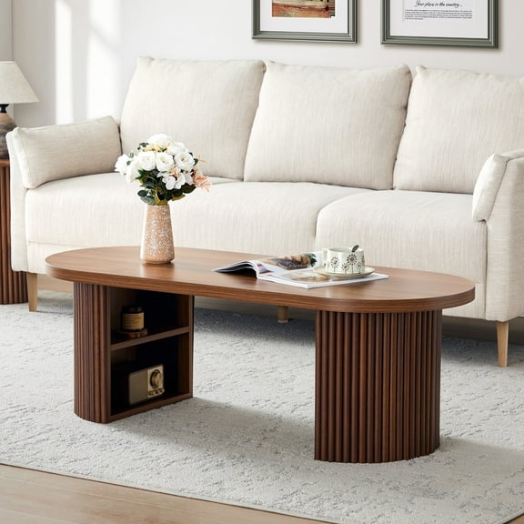 Wirrytor Long Oval Fluted Coffee Table with Storage, Semi-circular leg Farmhouse Wood Coffee Table with Hidden Double Storage Space, Mid Century Modern Center Table, for Living Room (Walnut)