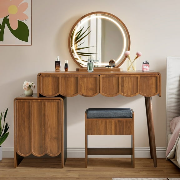 Wirrytor Makeup Vanity Set with Mirrors and Light, Vanity Set with Cushion Chair, for Adult, Stools for Vanity Table, with 2 Drawers and 1 Storage Cabinet, Wave Panel ,Walnut