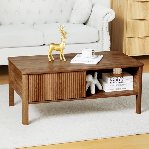 Wirrytor Mid-Century Lift Top Square Fluted Coffee Table with Dual Storage Shelf, Storage Center Coffee Tables with Waveform Panel Sliding Door Dining Table for Living Room Apartment(Walnut)