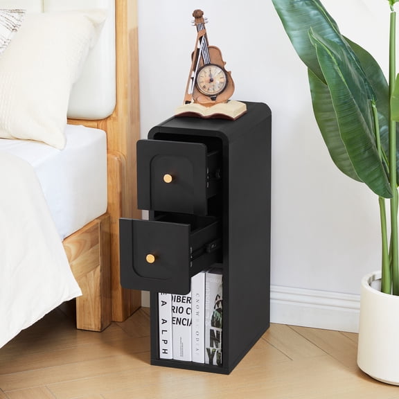 Wirrytor Mid-Century Modern Narrow Nightstand with 2 Drawers for Bedroom, Slim Bedside Table and Side End Table, Black