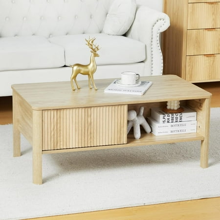 Wirrytor Mid-Century Square Fluted Coffee Table with Dual Storage Shelf, Storage Center Coffee Tables with Waveform Panel Sliding Door Dining Table for Living Room Apartment(Natural)