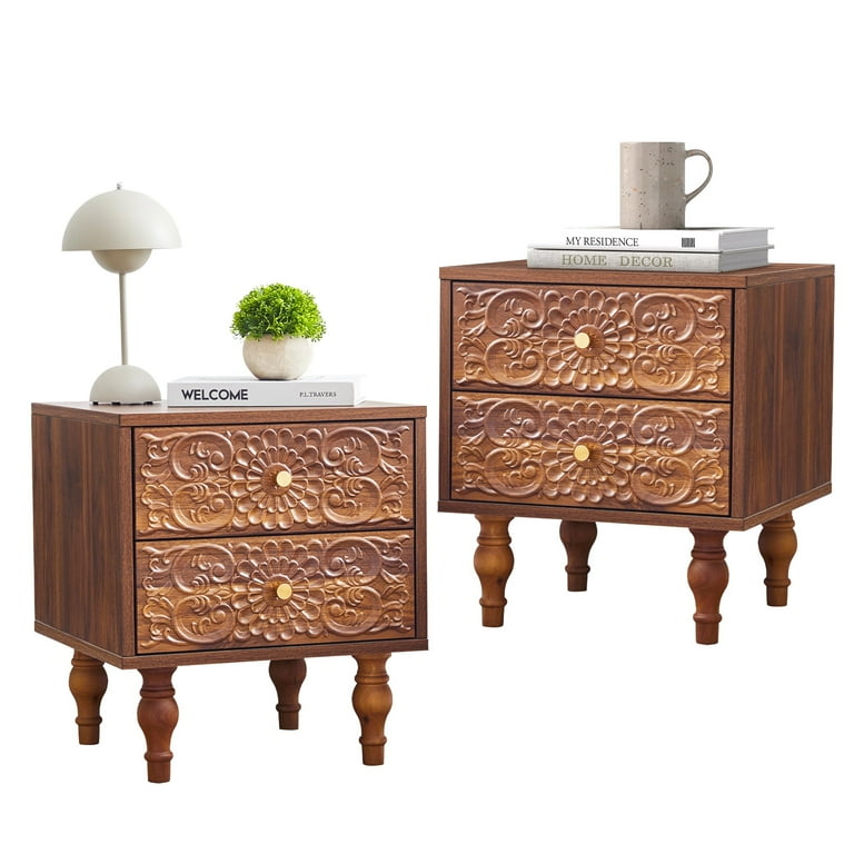 Wirrytor Mid century Nightstand Set of 2 with 2 Drawers, Bedside Table 2 Drawer Dresser with Embossed Pattern, Storage End Table with Wooden Legs for Bedroom & Living Room,Walnut
