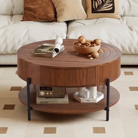 Wirrytor 30" Round Coffee Table with 2 Drawers and Storage Shelf, Modern Farmhouse Tea Table with Natural Tree Rings Top, Brown