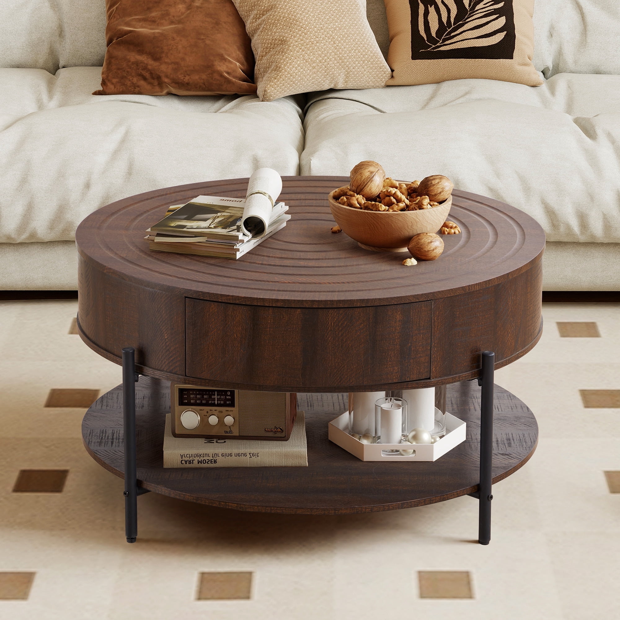 Wirrytor 30" Round Coffee Table with 2 Drawers and Storage Shelf, Modern Farmhouse Tea Table with Natural Tree Rings Top, Dark Brown