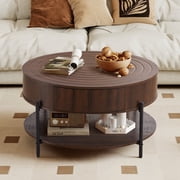 Wirrytor 30" Round Coffee Table with 2 Drawers and Storage Shelf, Modern Farmhouse Tea Table with Natural Tree Rings Top, Dark Brown