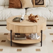 Wirrytor 30" Round Coffee Table with 2 Drawers and Storage Shelf, Modern Farmhouse Tea Table with Natural Tree Rings Top, Natural