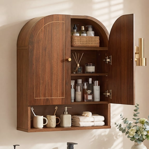 Wirrytor Modern Arched Bathroom Cabinet Wall Mounted, Kitchen Medicine Cabinet Storage Organizer with Fluted Panel Doors, Walnut