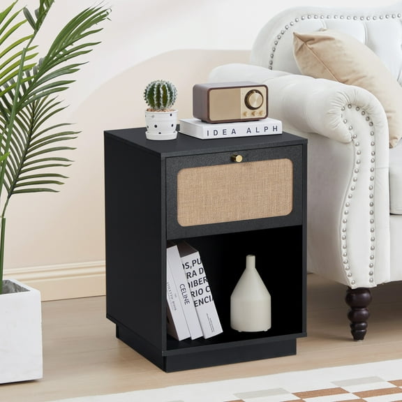 Wirrytor Modern Farmhouse Nightstands with Rattan Drawer,Wood Bedside Table Storage Cabinet for Bedroom, Boho End Side Table for Bedroom, Small Space,Black