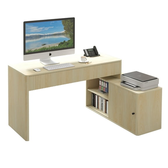 Wirrytor Modern L Shaped Desk with 2 Drawers and 2 Storage Shelves Home Office Corner Study Table Unit for Kids and Adults, Oak