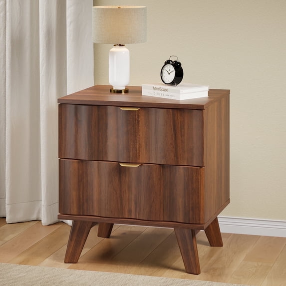 Wirrytor Modern Flutted NightStand with 2 Drawers, Farmhouse Sofa Table with Storage, Bedside Table for Living Room(Walnut)