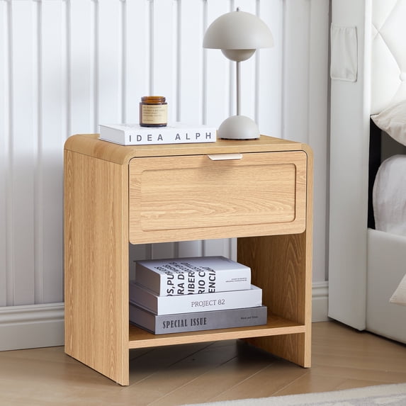 Wirrytor Modern Nightstand with Charging Station, Wide Wood Bedside Table w/ Storage Drawers, Mid Century End Table for Bedroom, Living Room,Curved Profile Design, Natural Oak