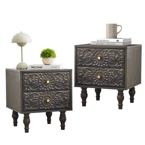 Wirrytor Modern Short Nightstand Set of 2 with 2 Drawers, Bedside Table 2 Drawer Dresser with Embossed Pattern, Storage End Table with Wooden Legs for Bedroom & Living Room, Black