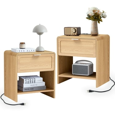 Wirrytor Modern Nightstand Set of 2 with Charging Station, Wide Wood Bedside Table w/ Storage Drawers, Mid Century End Table for Bedroom, Living Room,Curved Profile Design, Natural Oak