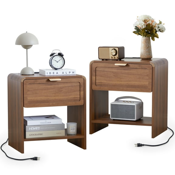 Wirrytor Modern Nightstand Set of 2 with USB charging, Wide Wood Bedside Table w/ Storage Drawers, Mid Century End Table for Bedroom, Living Room,Curved Profile Design,Walnut