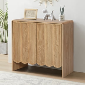 Wirrytor Wood Buffet Sideboard with 2 Wave Doors, Short Storage Cabinet with Adjustable Shelves for Living Room Dinning Room Kitchen, Natural