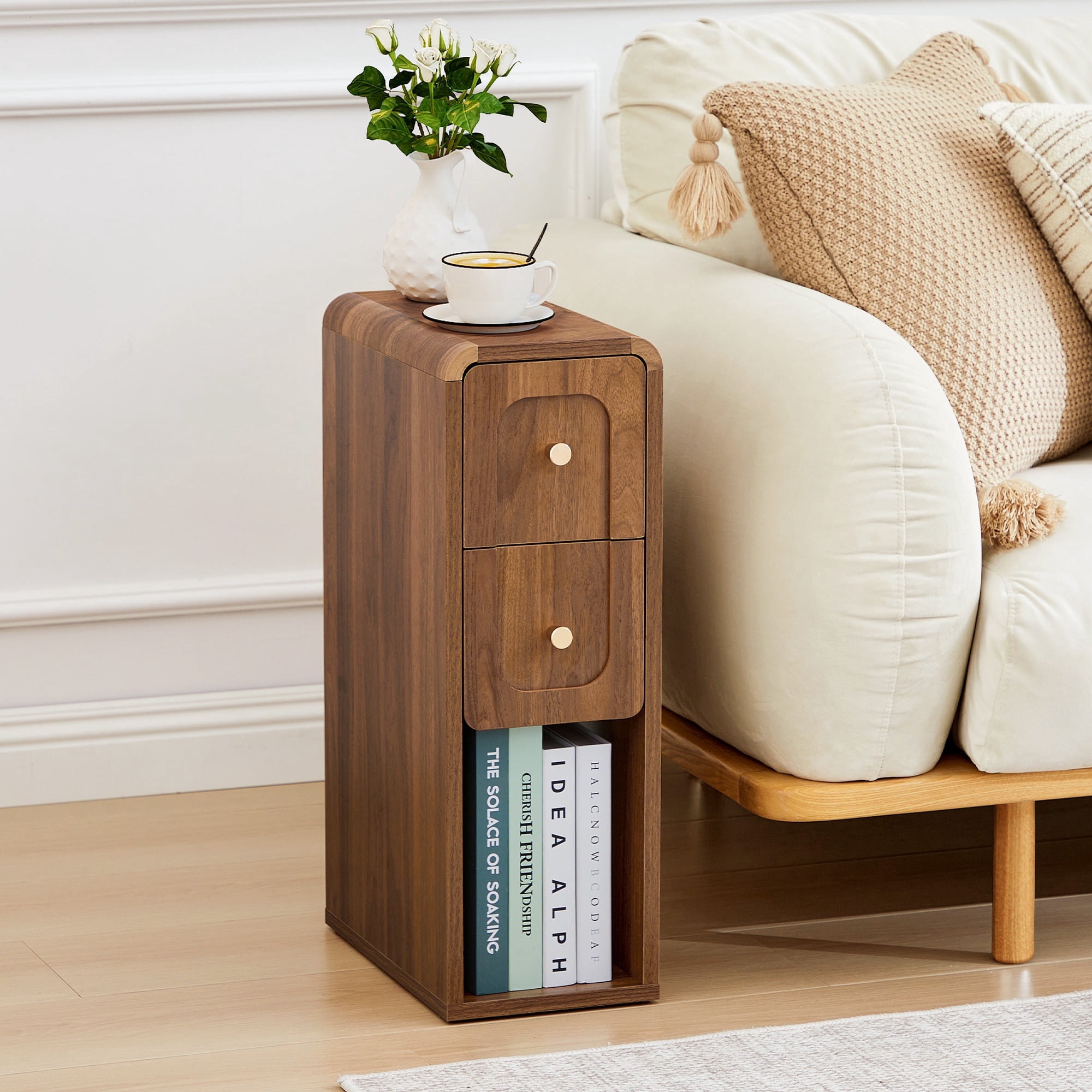 Wirrytor Narrow End Table with 2 Drawer & Open Storage Shelf, Modern ...