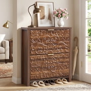Wirrytor Floral Embossed Narrow Shoe Cabinet with 2 Flip Drawers, Slim Entryway Shoe Organizer for Hallway Foyer Bedroom, Walnut