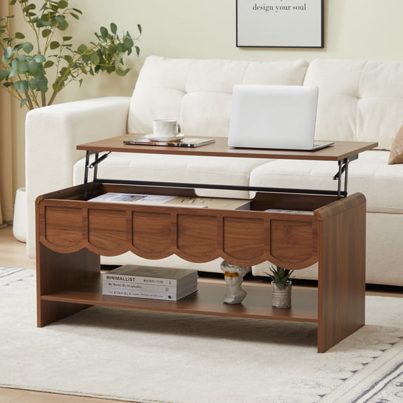 Wirrytor Lift Top Coffee Table with Storage for Living Room, Oval Coffee Table with Hidden Compartment and Open Shelf, Modern Center Table with Wave Edge Design and Hydraulic Lift