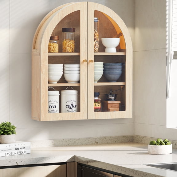 Wirrytor Arched Wall Cabinet with Glass Door, Hanging Bathroom Shelf, Medicine Wall Mounted Cupboard, Farmhouse Over the Toilet Cabinet, Natural