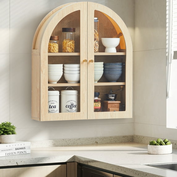 Wirrytor Arched Wall Cabinet with Glass Door, Hanging Bathroom Shelf, Medicine Wall Mounted Cupboard, Farmhouse Over the Toilet Cabinet, Natural Oak