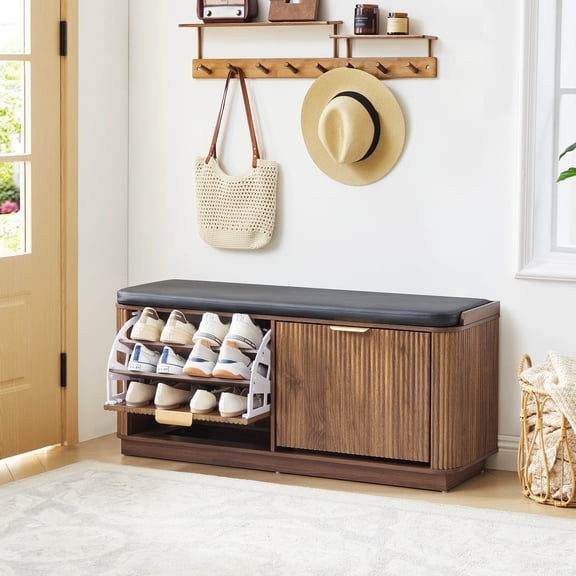Wirrytor Fluted Shoe Storage Bench with Cushion and 2 Flip Drawers, 3-Tier Wooden Entryway Bench Shoe Organizer for Hallway Bedroom, Natural Wood