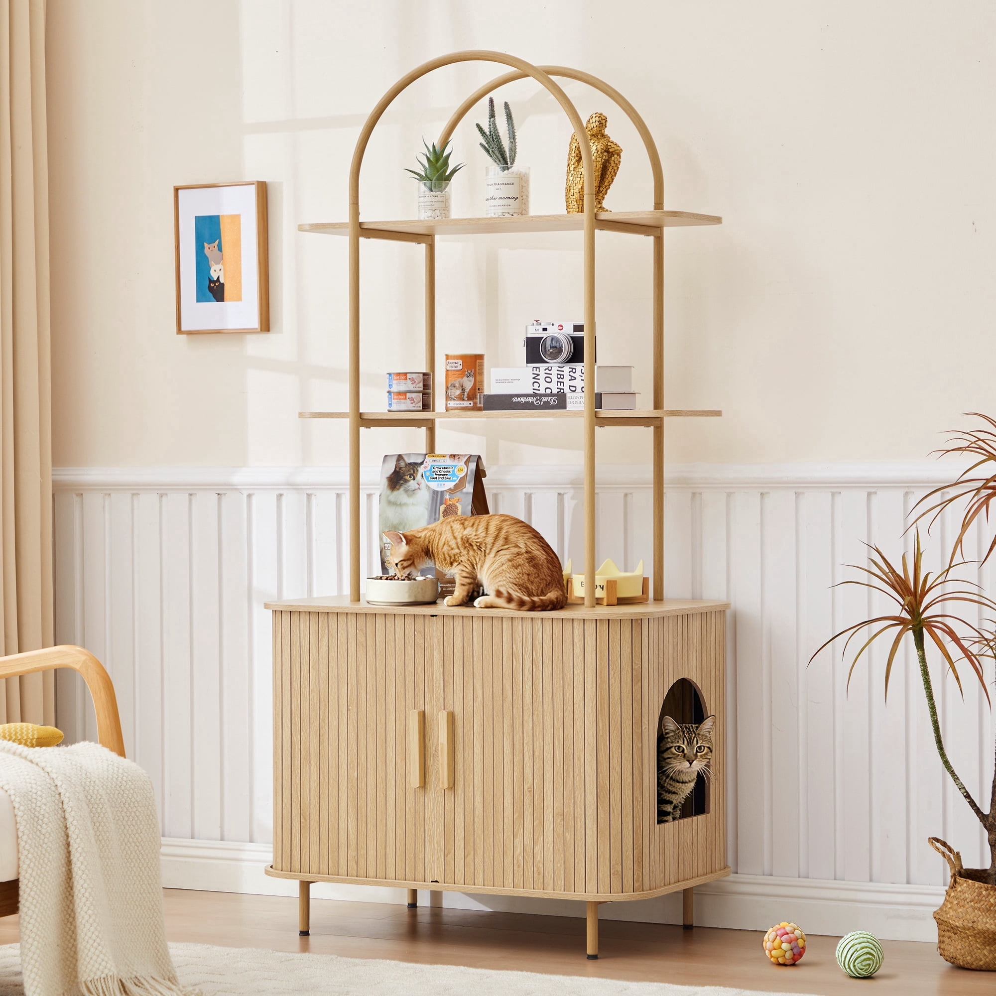 Wirrytor 63" Tall Cat Litter Box Enclosure with Sliding Doors, 3-Tier Hidden Litter Box Cabinet with Anti‑Tip Kit for Living Room, Natural Wood