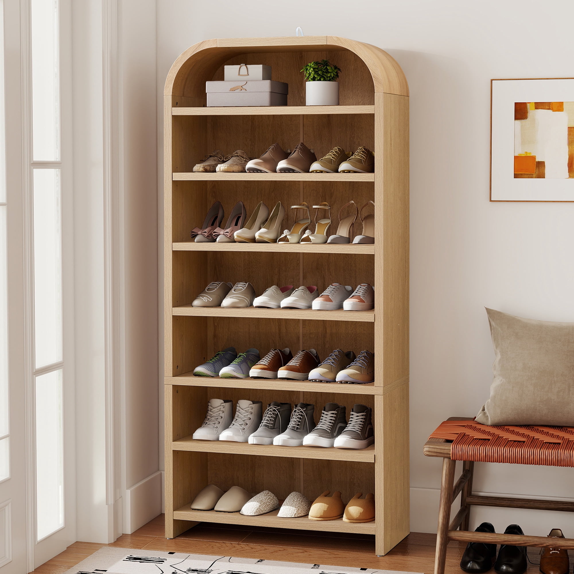 Wirrytor 7-Tier Arched Tall Shoe Cabinet, Freestanding Shoe Closet Organizer with Adjustable Shelves, Wood Rack for Entryway Hallway Bedroom, Natural