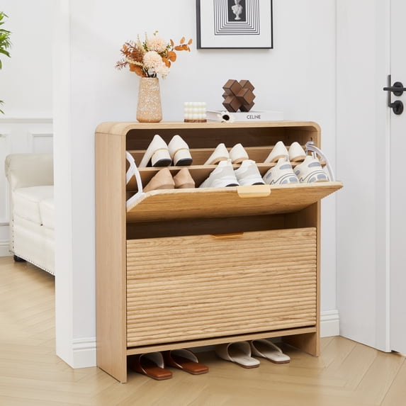 Wirrytor Natural Wood Curved Edge 2 Flip Drawer Shoe Cabinet, 75cm Fluted Panel Narrow Shoe Storage Organizer, Adjustable Shelf Entryway Shoe Rack For Hallway Bedroom