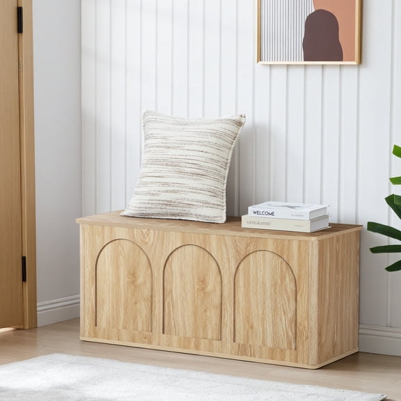 Wirrytor 39" Large Curved Edge Shoe Storage Bench with Flip Top, Arched Panel Storage Chest for Entryway Hallway Bedroom Toys Blankets, Natural Wood