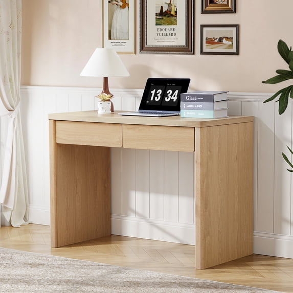 Wirrytor Natural Wood Small Computer Desk with 2 Storage Drawers, Scandinavian Study Desk for Bedroom Home Office Compact Space Vanity Table