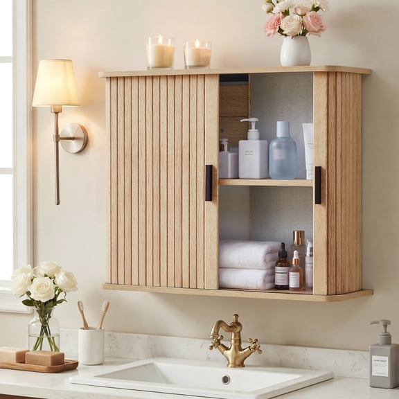 Wirrytor Natural Wood Wall Mounted Cabinet With Fluted Sliding Doors, 2-Tier Storage Organizer For Bathroom, Kitchen, Bedroom & Laundry Room